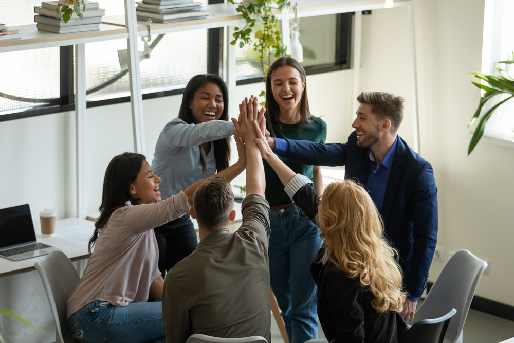 Happy,Overjoyed,Mixed,Race,Millennial,Team,Celebrating,Success,,Work,Achieve, group of people join hands, high morale / team building